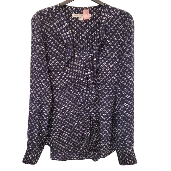 Veronica Beard Size 6 100% Silk Navy Blue Lotus Print Ruffle Blouse Dry Cleaned - Picture 1 of 14